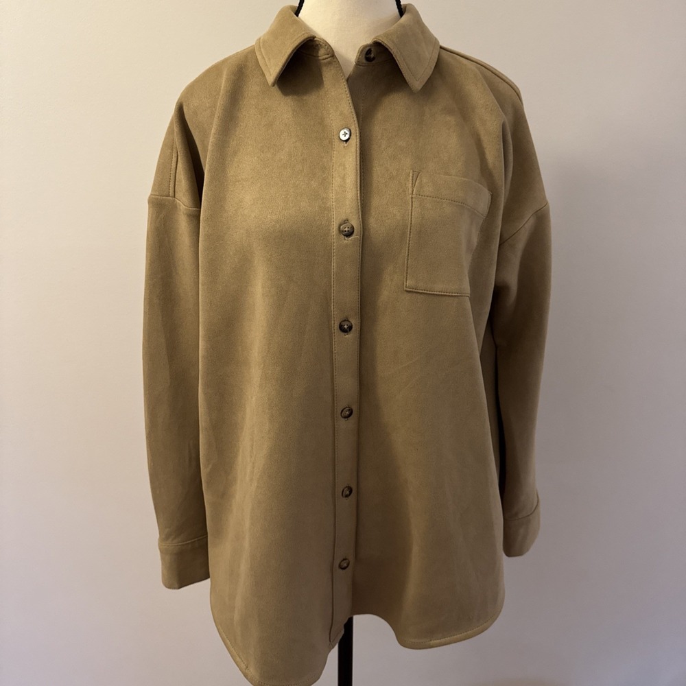 J Jill Wearever Collection Shirt Jacket Camel Tan Faux Suede Size Medium